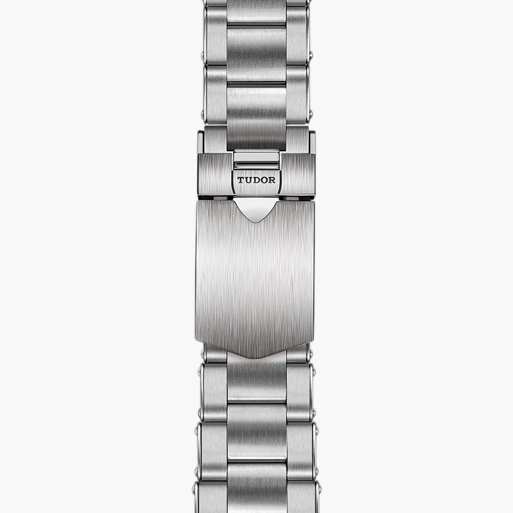 tudor black bay gmt 41mm black dial steel on steel bracelet automatic watch showing folding clasp