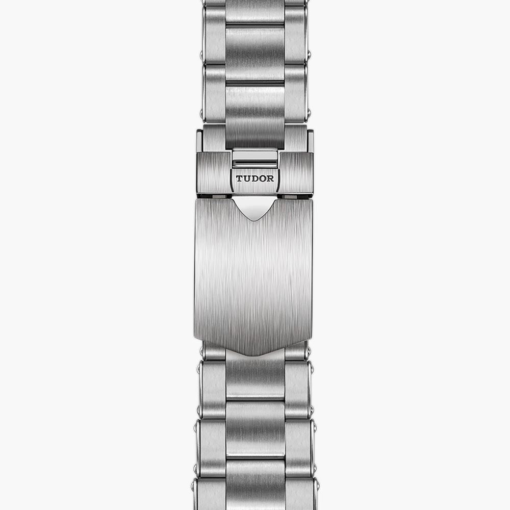tudor black bay gmt 41mm opaline dial steel on steel bracelet automatic watch showing folding clasp