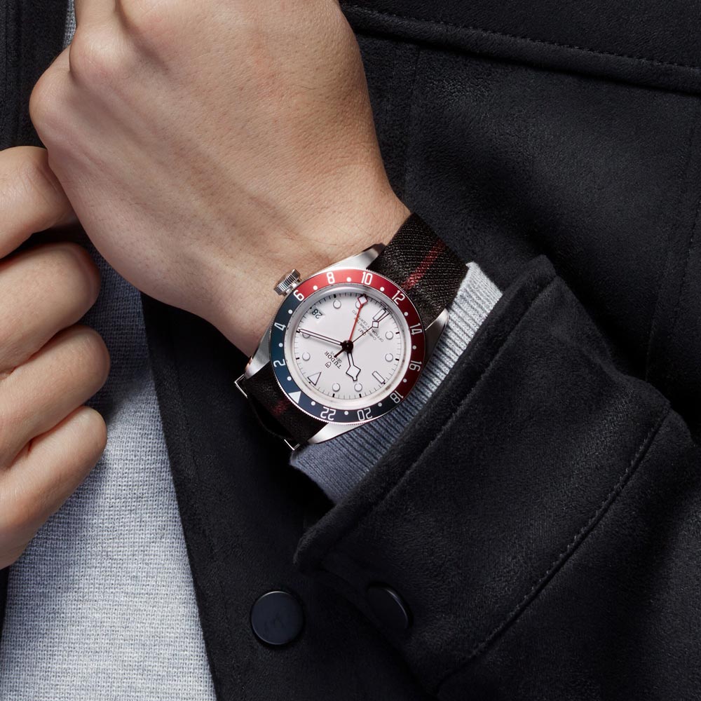 tudor black bay gmt 41mm opaline dial steel on fabric strap automatic watch lifestyle image