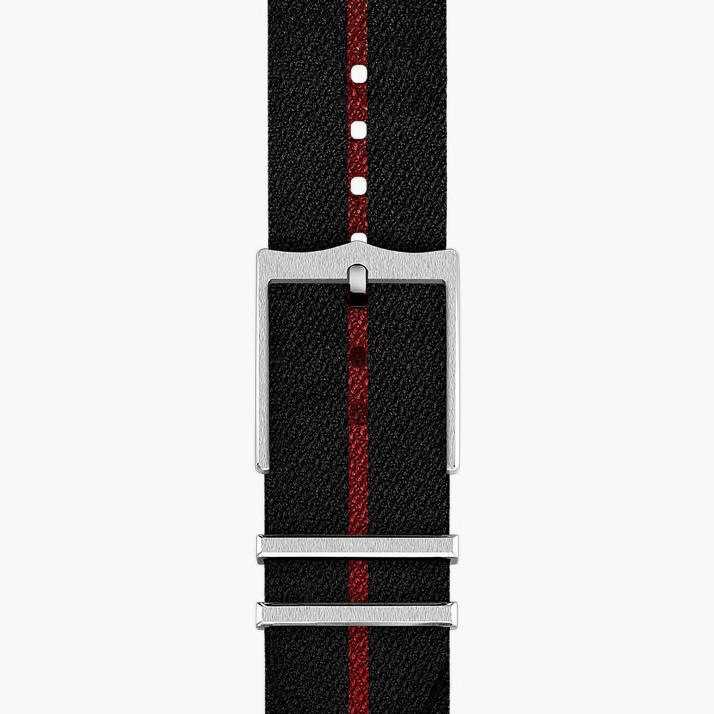 tudor black bay gmt 41mm opaline dial steel on fabric strap automatic watch showing black fabric strap with tang clip