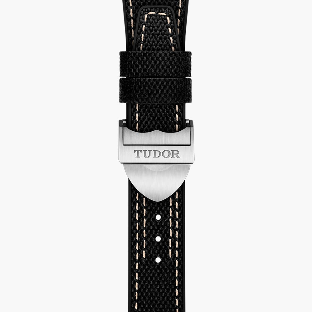 tudor ranger 39mm black dial steel on hybrid leather and rubber strap automatic watch showing black hybrid rubber and leather strap with folding clasp
