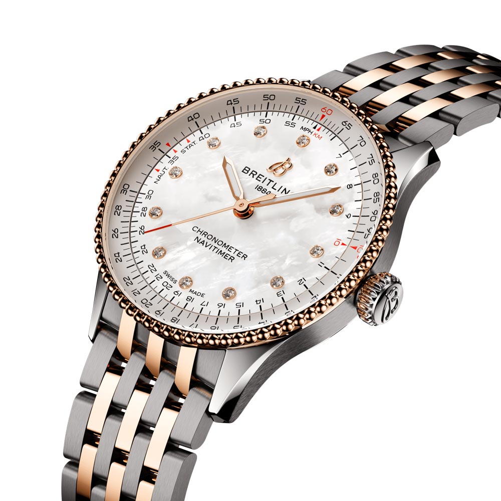 Breitling Navitimer 36mm MOP Diamond Dot Dial 18ct Rose Gold and Steel Automatic Ladies Watch U17327211A1U1