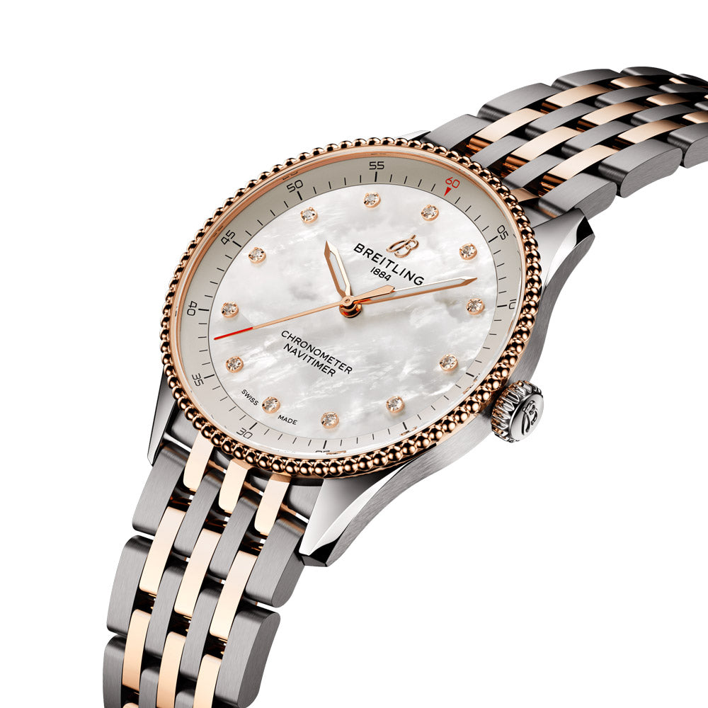 breitling navitimer 32mm mother of pearl diamond ot dial 18cr rose gold and steel bi-colour quartz ladies watch front side facing image