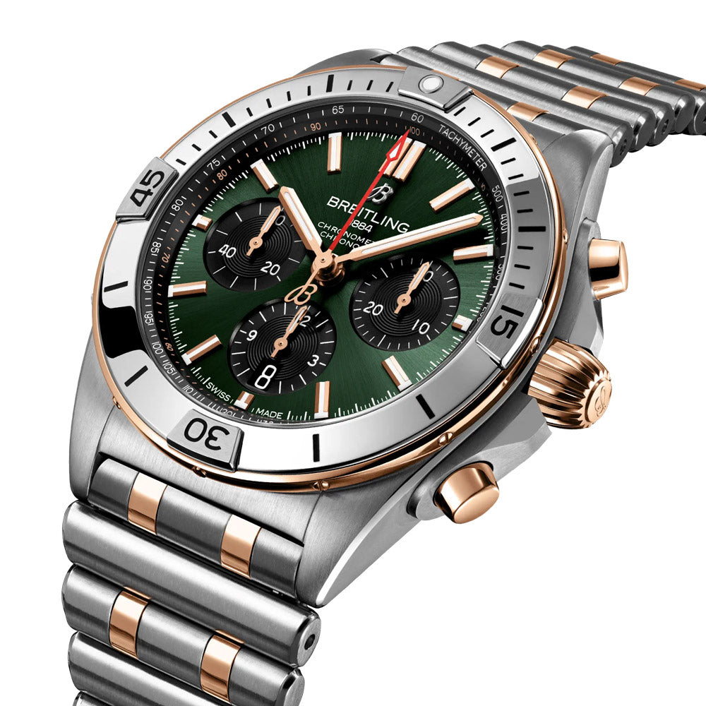 Breitling Chronomat B01 42mm Green Dial 18ct Rose Gold and Steel Automatic Chronograph Gents Watch UB0134131L1U1