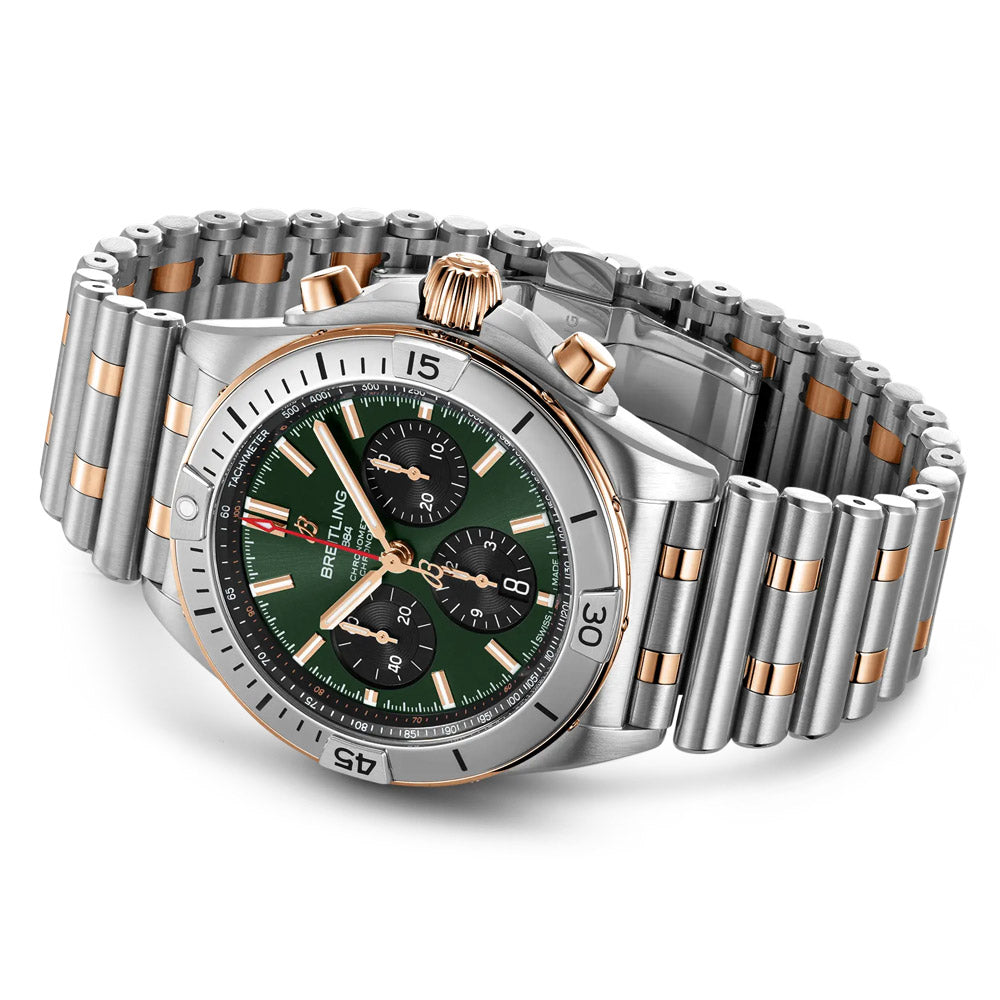 Breitling Chronomat B01 42mm Green Dial 18ct Rose Gold and Steel Automatic Chronograph Gents Watch UB0134131L1U1