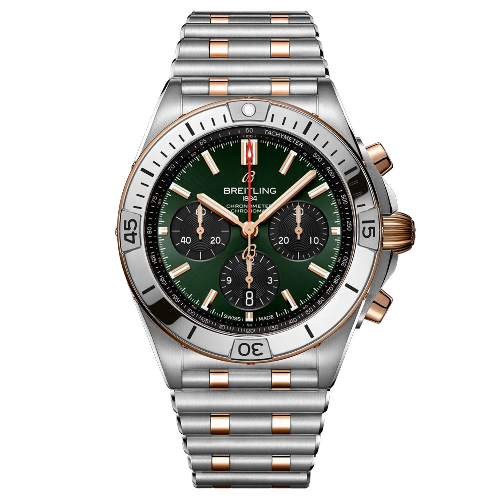 Breitling Chronomat B01 42mm Green Dial 18ct Rose Gold and Steel Automatic Chronograph Gents Watch UB0134131L1U1