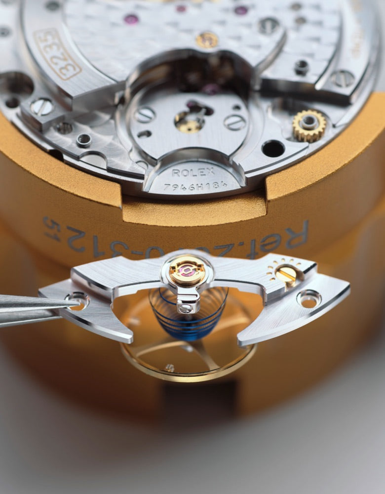 Close‑up image of a watchmaker reassembling the movement, carefully fitting cleaned components back into place