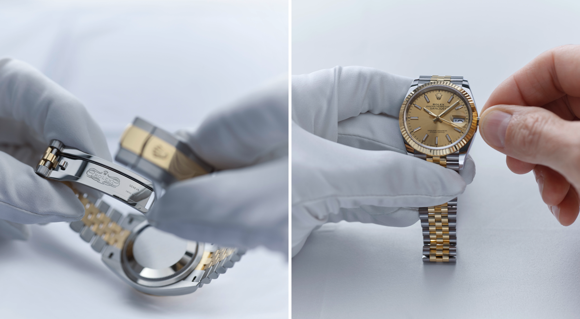 Two images side by side: left shows a Rolex expert’s gloved hands holding the clasp of a bicolour Rolex watch with the engraved Rolex logo; right shows the expert adjusting the time on the same watch