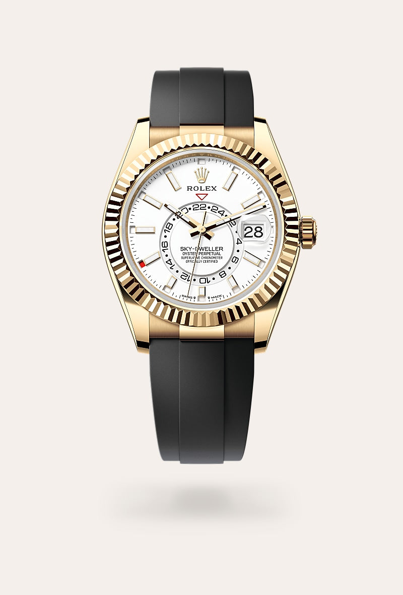 Rolex sky-dweller, Gold watch with black strap and white dial upright image for desktop