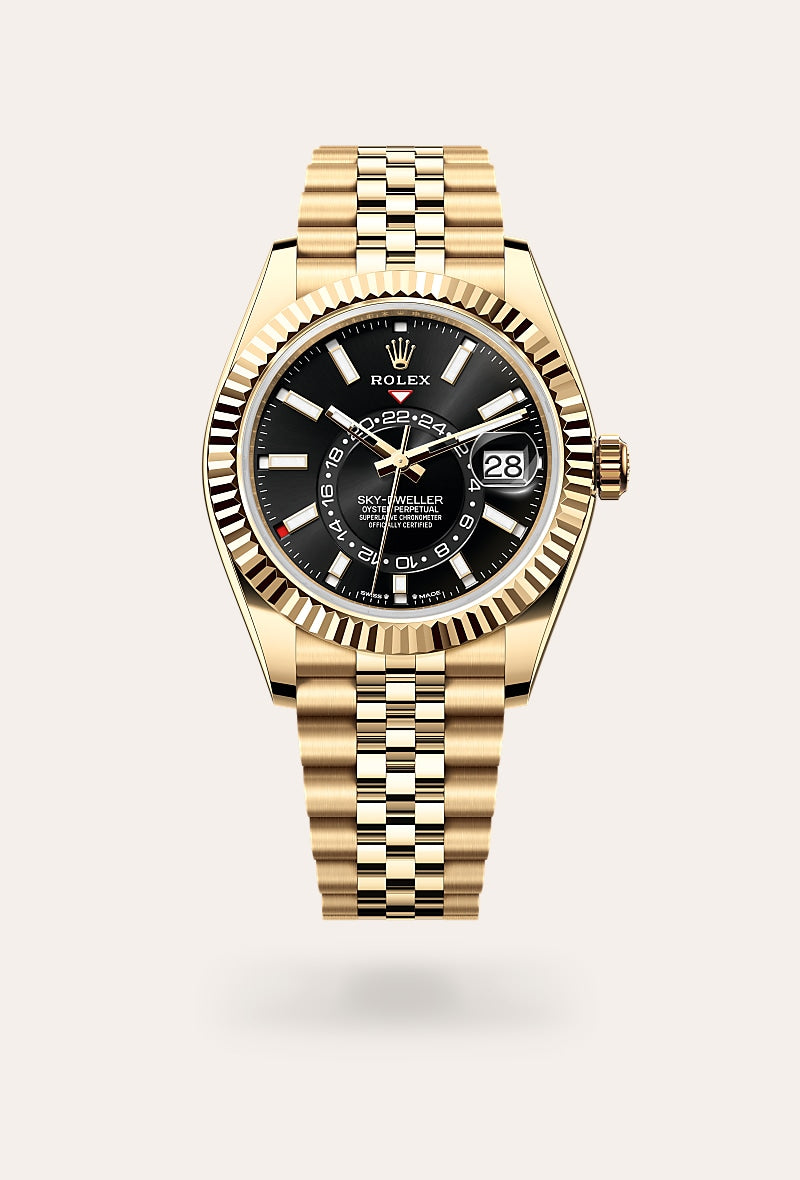 rolex sky-dweller, Gold watch with black dial on a white background upright image for desktop