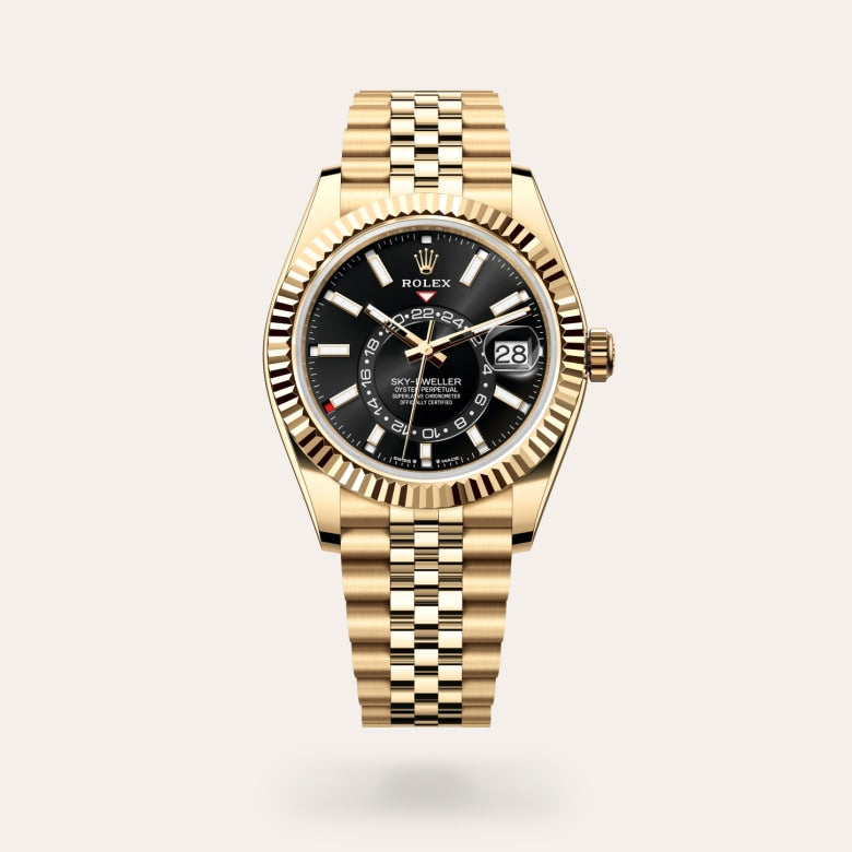rolex sky-dweller, Gold watch with black dial on a white background upright image for desktop