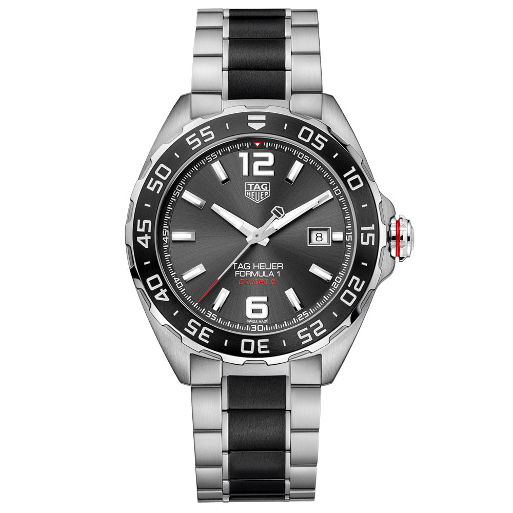 tag heuer formula 1 43mm grey dial steel and ceramic automatic watch front facing upright image