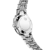 tag heuer link 32mm mother of pearl diamond dot dialquartz watch on a steel bracelet back side upright image