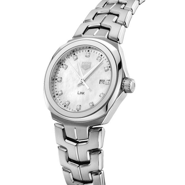 tag heuer link 32mm mother of pearl diamond dot dialquartz watch on a steel bracelet front side upright image