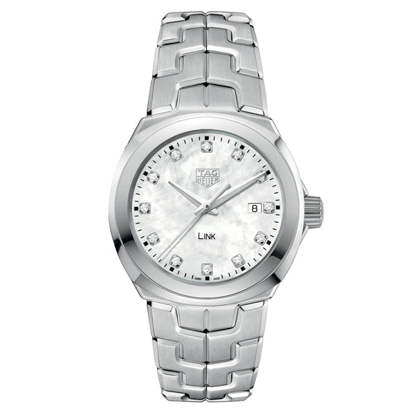 tag heuer link 32mm mother of pearl diamond dot dialquartz watch on a steel bracelet front upright image