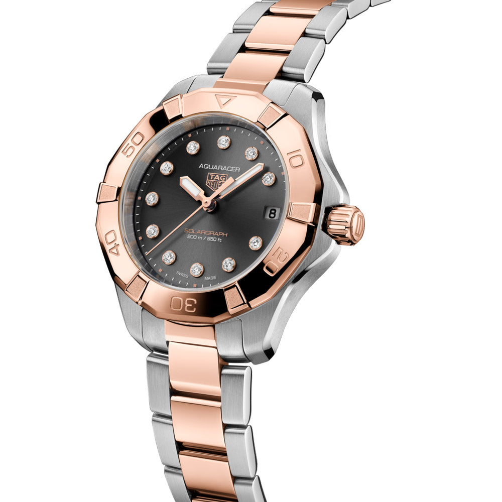 TAG Heuer Aquaracer Professional 200 Solargraph 34mm Black Diamond Dot Dial 18ct Rose Gold Plated Steel Quartz Ladies Watch WBP1324.BB0005