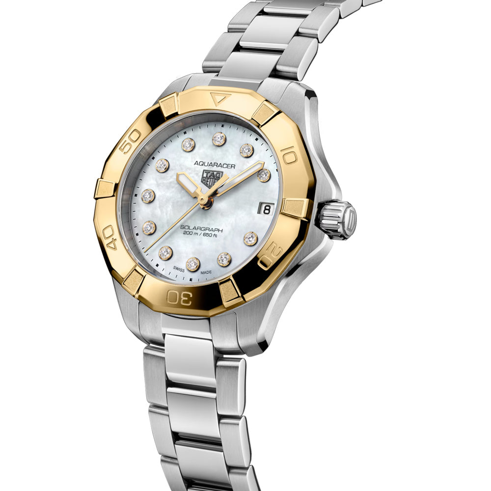 TAG Heuer Aquaracer Professional 200 Solargraph UK Limited 34mm MOP Diamond Dot Dial 18ct Gold & Steel Quartz Ladies Watch WBP1325.BA0005