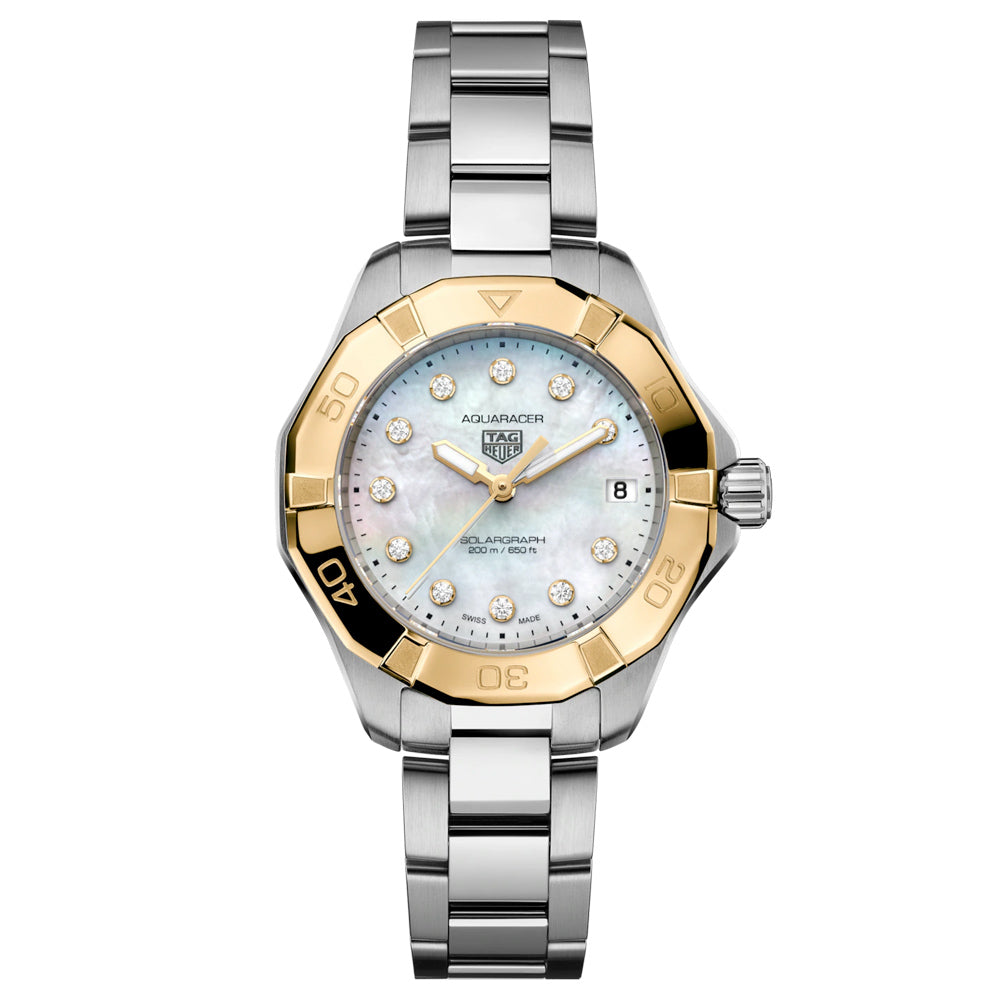 TAG Heuer Aquaracer Professional 200 Solargraph UK Limited 34mm MOP Diamond Dot Dial 18ct Gold & Steel Quartz Ladies Watch WBP1325.BA0005