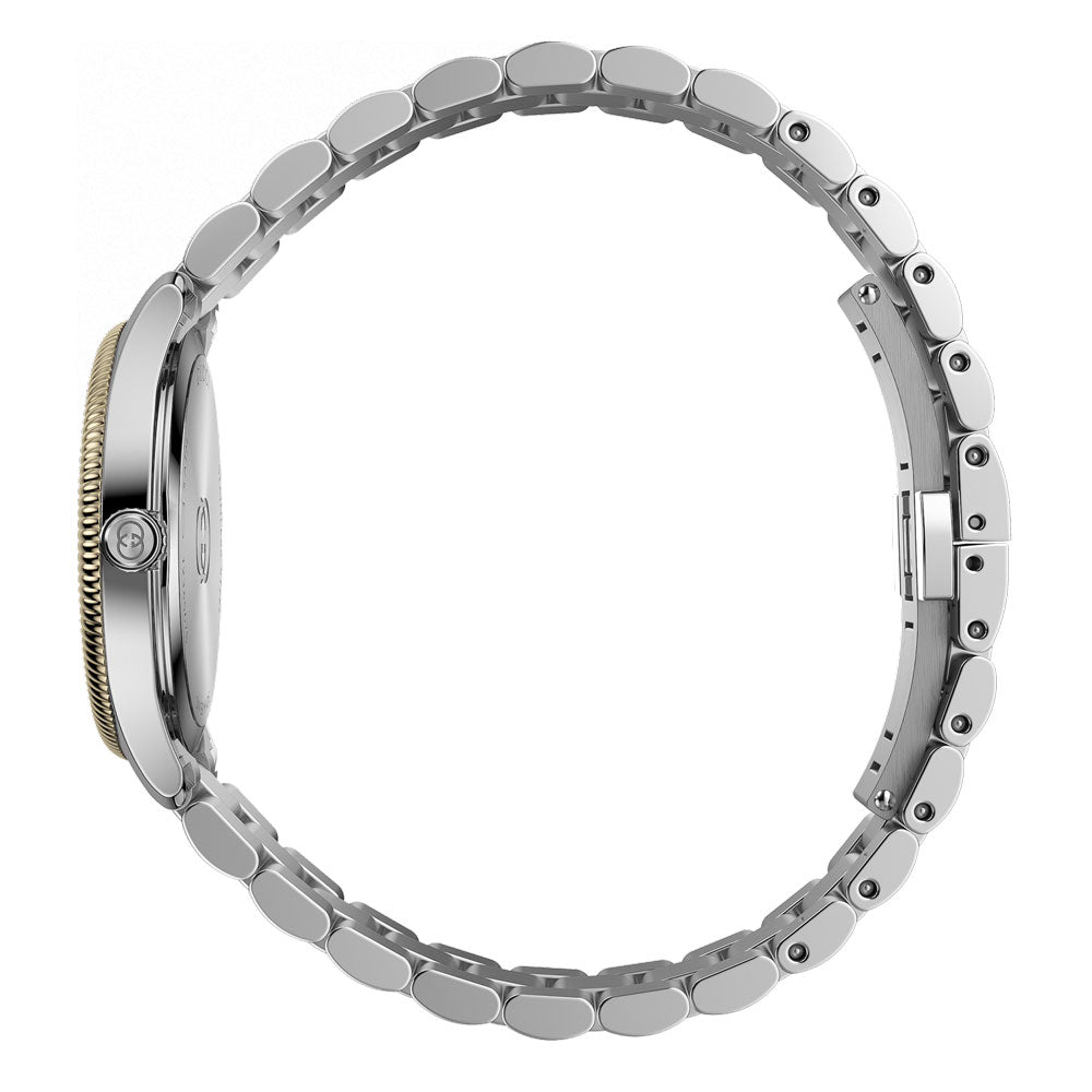 gucci g-timeless 29mm silver dial bicolour ladies quartz watch on stainless steel bracelet side facing upright image