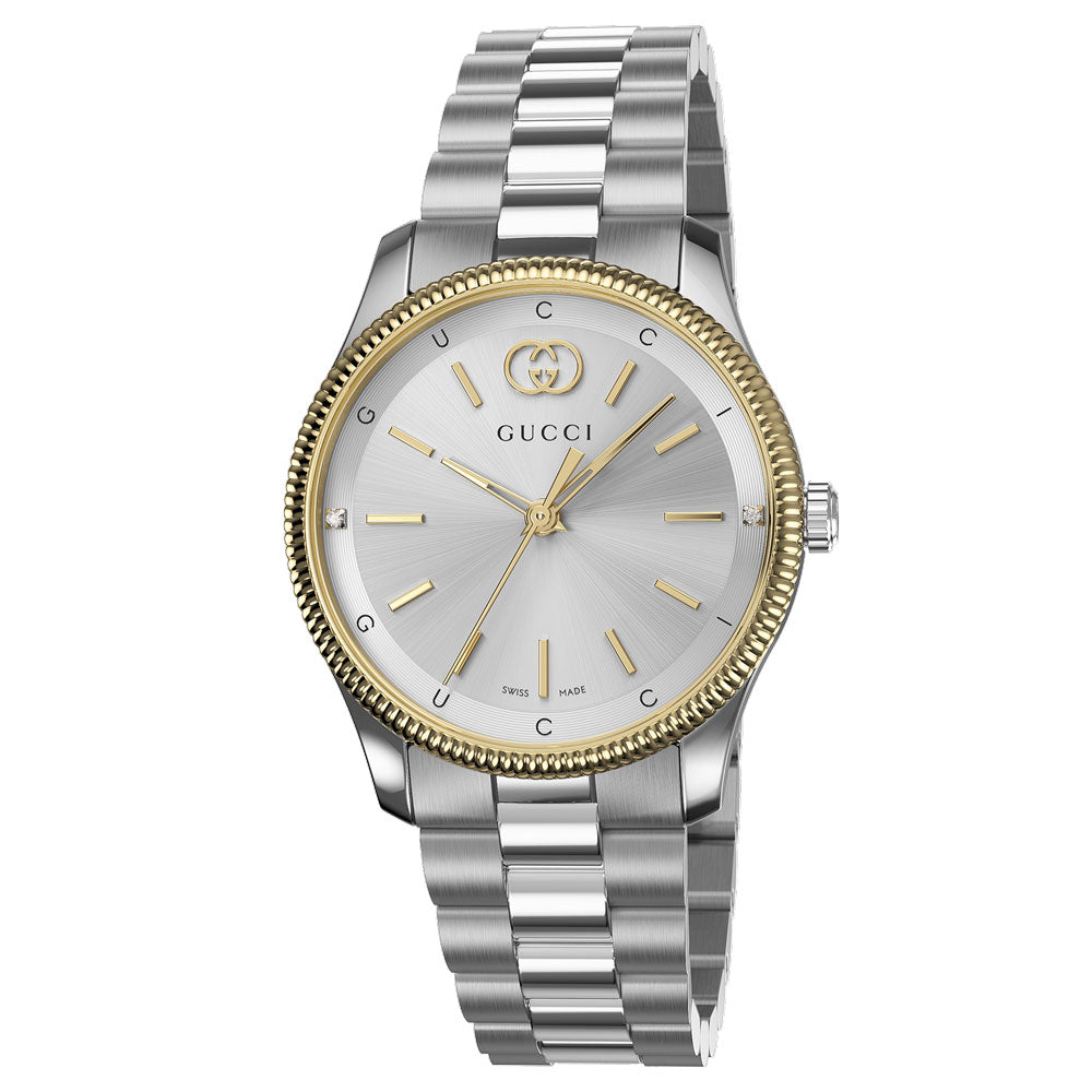 gucci g-timeless 29mm silver dial bicolour ladies quartz watch on stainless steel bracelet front facing upright image