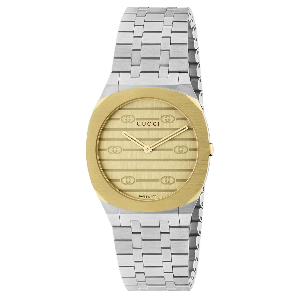 Gucci 25H 30mm Gold Dial Gold Plated Steel Quartz Watch YA163502