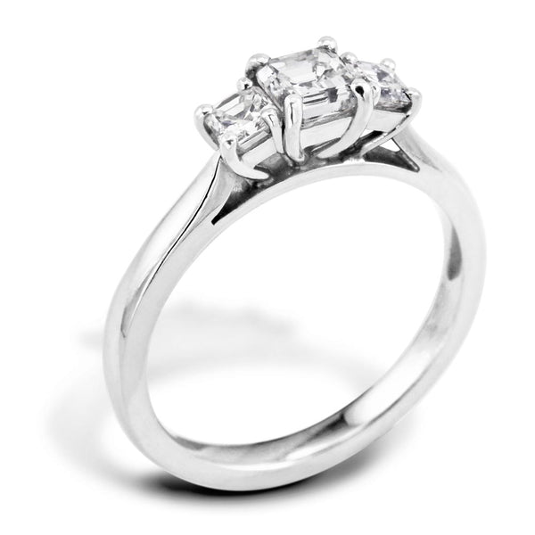 Platinum 0.70ct Ascher Cut Diamond Three Stone Engagement Ring