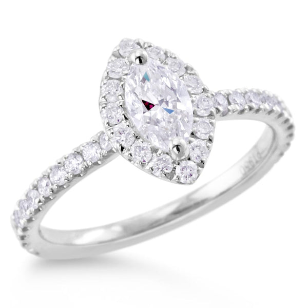 platinum 0.89ct marquise and round brilliant cut diamond engagement ring with diamond halo and diamond set shoulders
