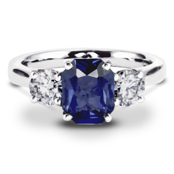 Platinum 1.96ct Radiant Cut Sapphire and 0.81ct Diamond Three Stone Engagement Ring