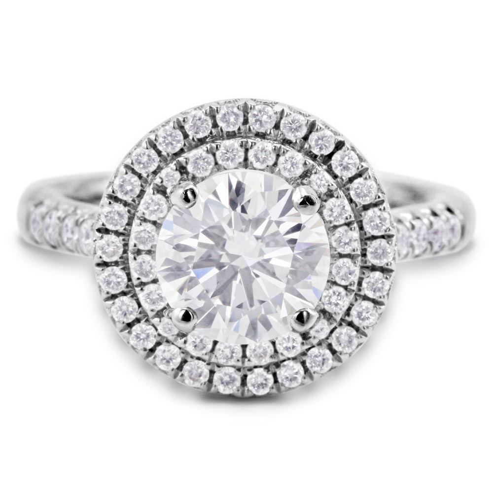 Platinum 2.04ct Round Brilliant Cut Diamond Engagement Ring With Double Diamond Halo And Diamond Set Shoulders