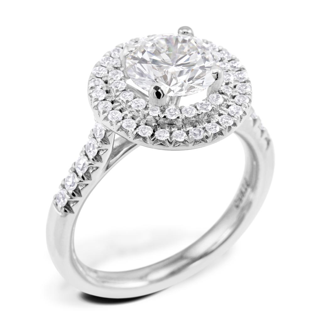 Platinum 2.04ct Round Brilliant Cut Diamond Engagement Ring With Double Diamond Halo And Diamond Set Shoulders