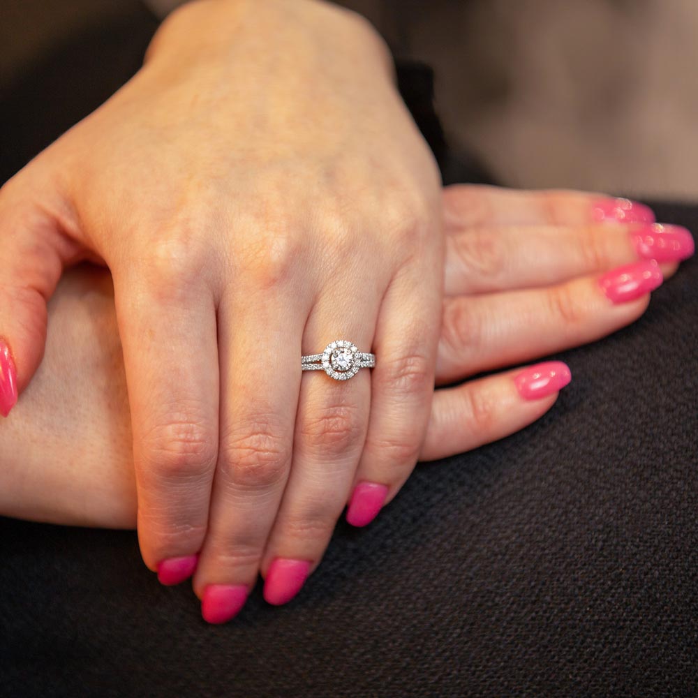The Clementine Platinum Round Brilliant Cut Diamond Engagement Ring With Diamond Halo And Diamond Set Shoulders