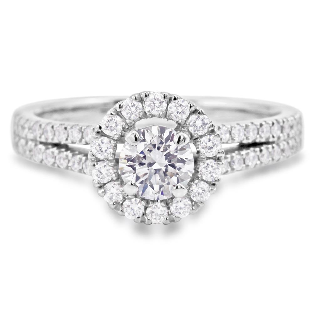 The Clementine Platinum Round Brilliant Cut Diamond Engagement Ring With Diamond Halo And Diamond Set Shoulders