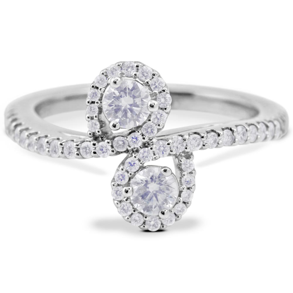 Platinum 0.50ct Round Brilliant Cut Diamond Crossover Toi Et Moi Ring With Diamond Shoulders And Halo