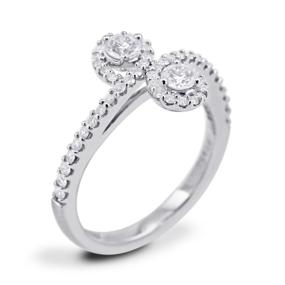 Platinum 0.50ct Round Brilliant Cut Diamond Crossover Toi Et Moi Ring With Diamond Shoulders And Halo