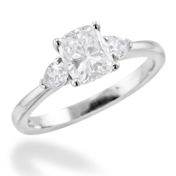 Platinum 1.30ct Cushion And Pear Cut Three Stone Diamond Engagement Ring