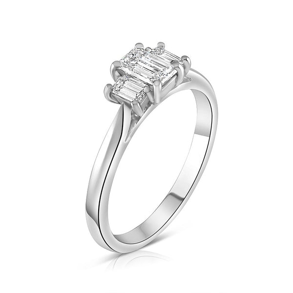 platinum 1.80ct emerald cut diamond three stone engagement ring