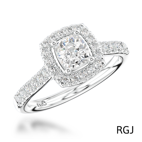the skye platinum cushion cut diamond engagement ring with diamond halo and diamond set shoulders