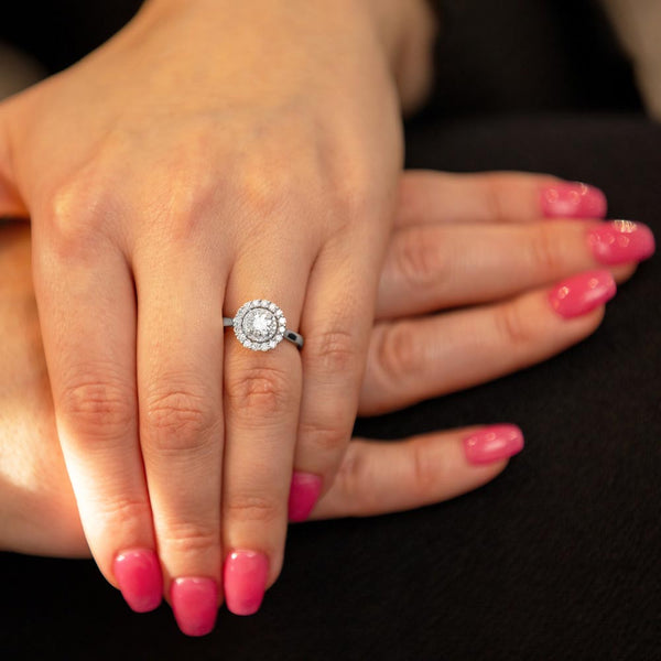 Platinum 0.93ct Round Brilliant Cut Diamond Engagement Ring With Double Diamond Halo