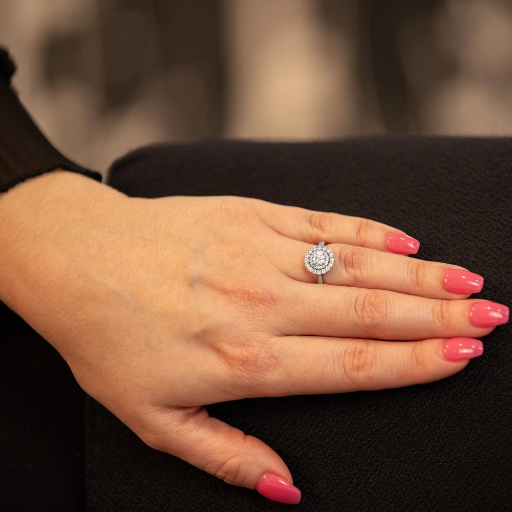 Platinum 0.93ct Round Brilliant Cut Diamond Engagement Ring With Double Diamond Halo