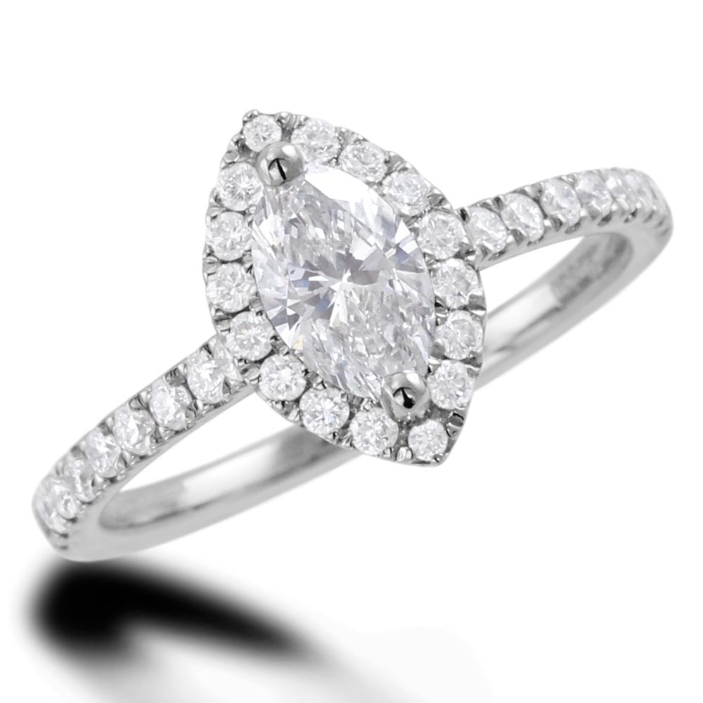 Platinum 0.92ct Marquise And Round Brilliant Cut Diamond Engagement Ring With Diamond Halo And Shoulders