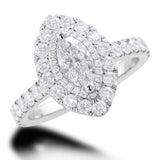 Platinum 1.55ct Marquise And Round Brilliant Cut Diamond Engagement Ring With Double Diamond Halo And Shoulders