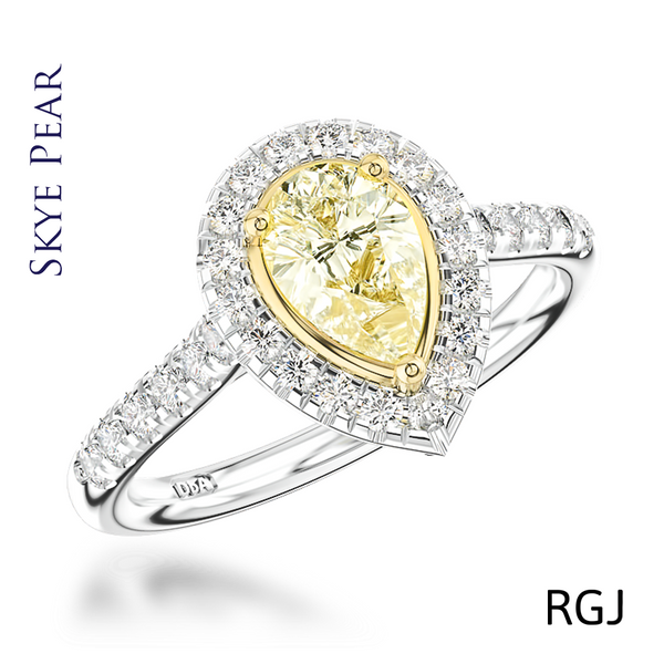 the skye platinum and 18ct yellow gold 0.39ct pear cut yellow diamond engagement ring with 0.27ct diamond halo and diamond set shoulders