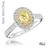 the skye duo platinum and 18ct yellow gold 0.54ct oval cut yellow diamond engagement ring with 0.47ct double diamond halo and diamond set shoulders