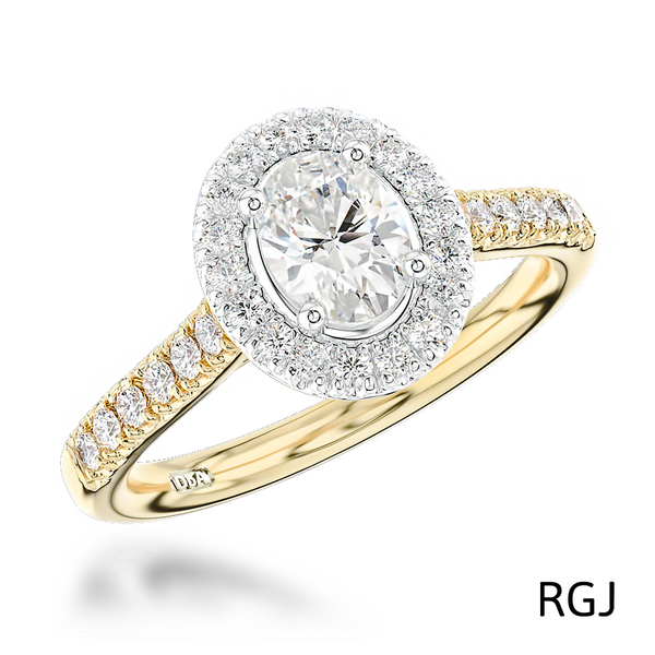 The Skye 18ct Yellow Gold And Platinum Oval Cut Diamond Engagement Ring With Diamond Halo And Diamond Set Shoulders