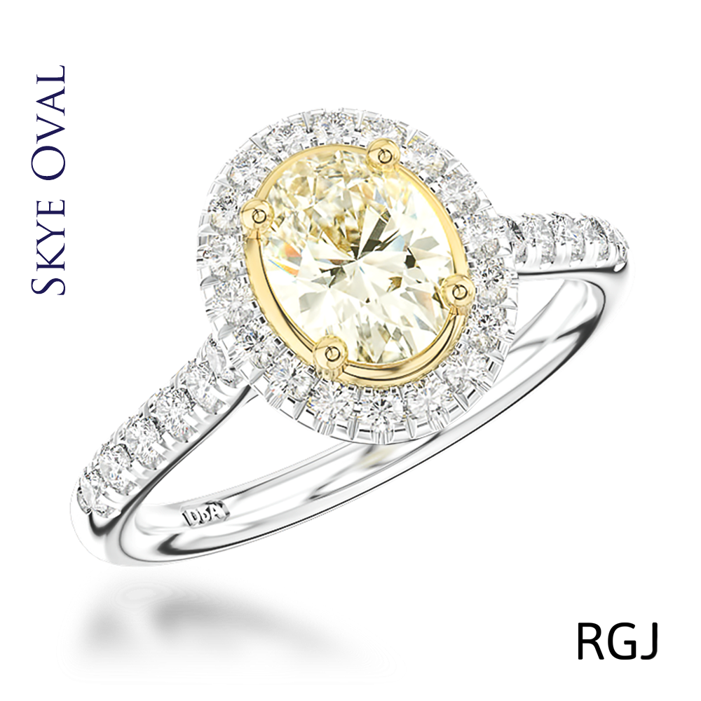 the skye platinum and 18ct yellow gold 0.71ct oval cut yellow diamond ring with 0.33ct diamond halo and diamond set shoulders