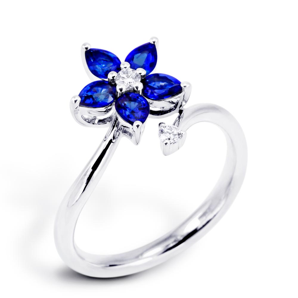 18ct White Gold 0.99ct Sapphire And 0.12ct Diamond Flower Ring
