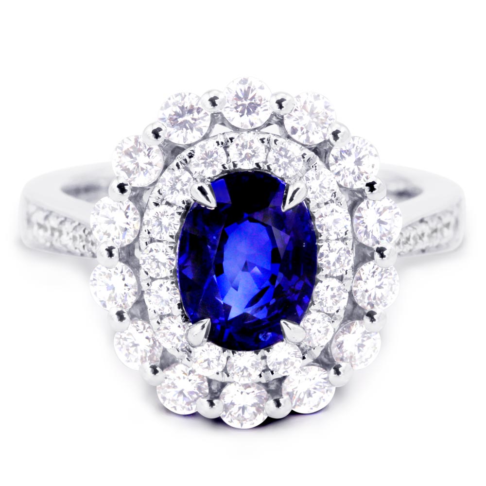 18ct White Gold 2.30ct Oval Cut Blue Sapphire And 1.09ct Double Diamond Halo Ring