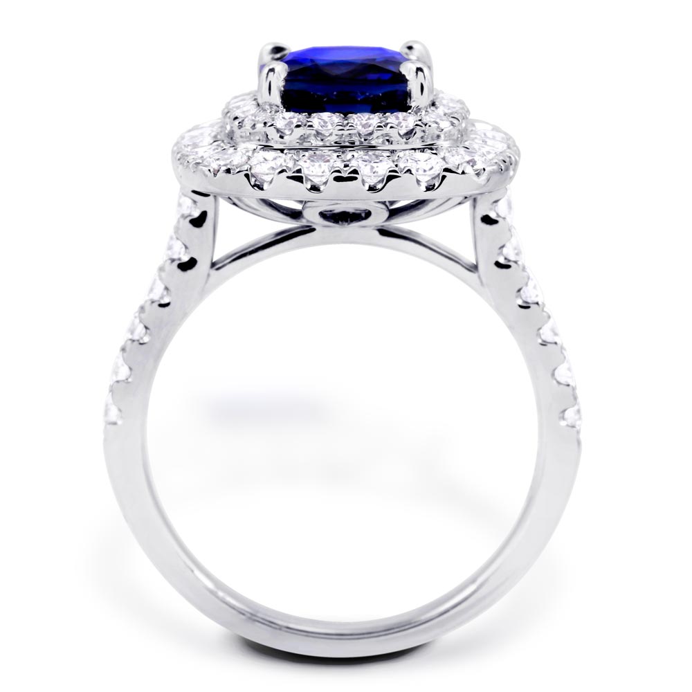 18ct White Gold 2.33ct Cushion Cut Blue Sapphire And 1.08ct Double Diamond Halo Ring