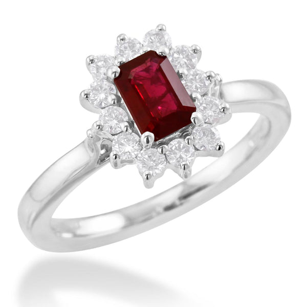 18ct White Gold 0.51ct Emerald Cut Ruby And 0.35ct Round Brilliant Cut Diamond Halo Cluster Ring