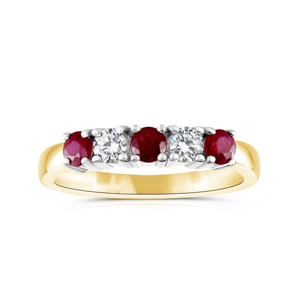 18ct yellow and white gold 0.22ct ruby and 0.14ct diamond round brilliant cut five stone ring setting view